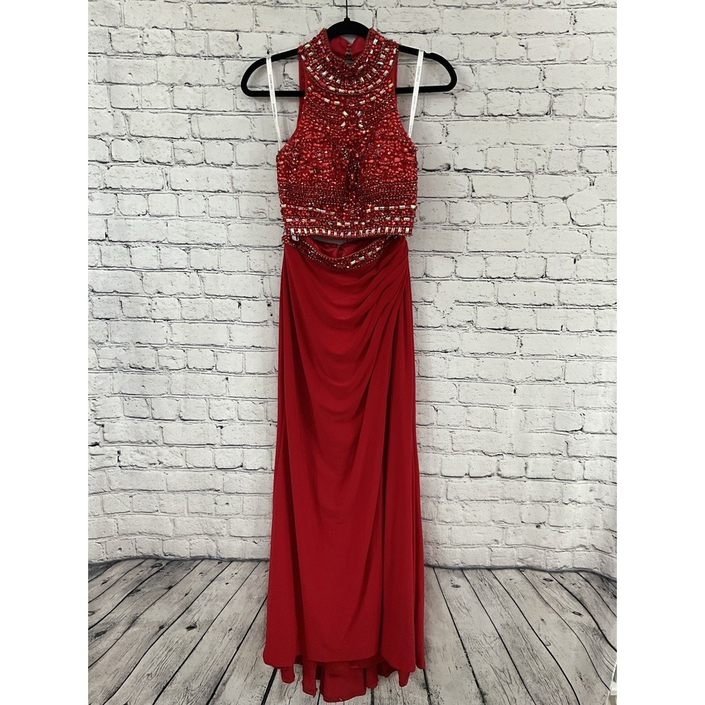 Sherri Hill Red Ruched Lycra Dress with Jeweled Corset